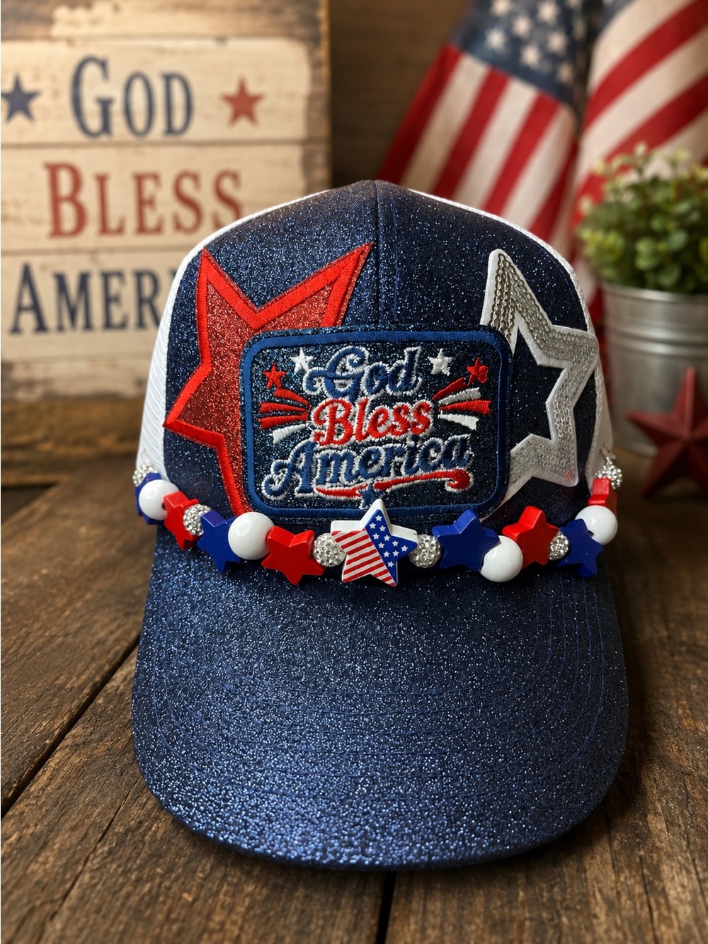 Patriotic 'God Bless America'  Glitter Trucker Hat - Blue/Red/White